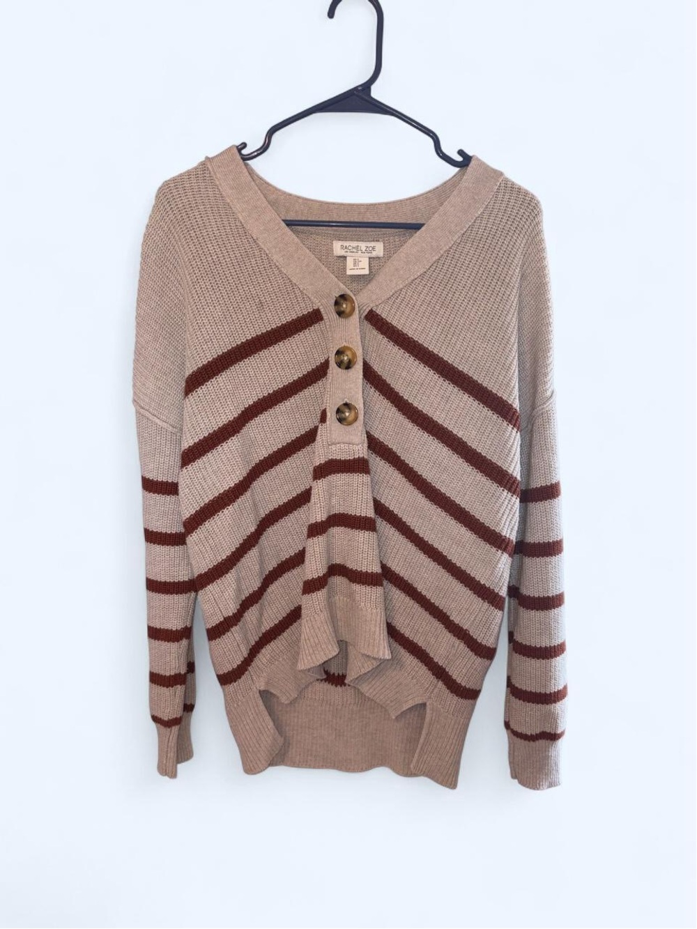 Rachel Zoe Beige Sweater with Brown Stripes and Button Placket